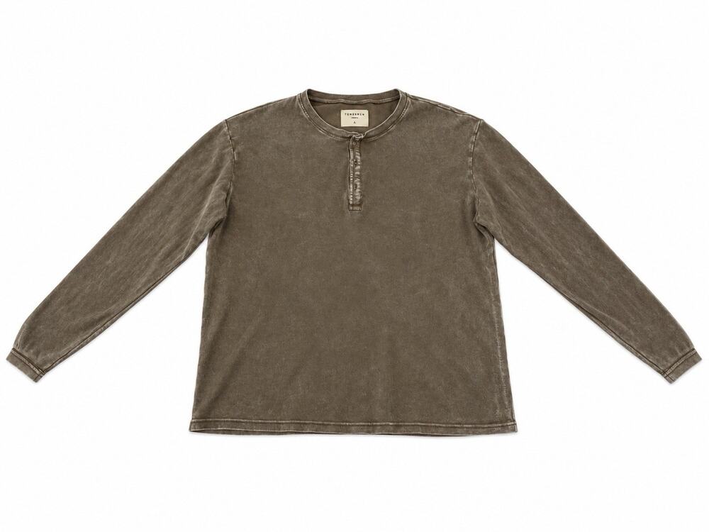 YoungLA Men’s Medium Brown Waffle Knit Henley Long Sleeve Shirt Distressed